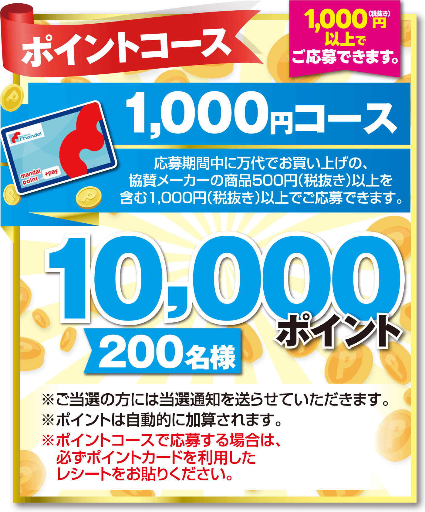 ポイントコース 1,000円コース 応募期間中に万代でお買い上げの、協賛メーカーの商品500円（税抜き）以上を含む1,000円（税抜き）以上でご応募できます。【1,000円（税抜き）以上でご応募できます。】 ※ご当選の方には当選通知を送らせていただきます。 ※ポイントは自動的に加算されます。 ※ポイントコースで応募する場合は、必ずポイントカードを利用したレシートをお貼りください。【10,000ポイント】【200名様】