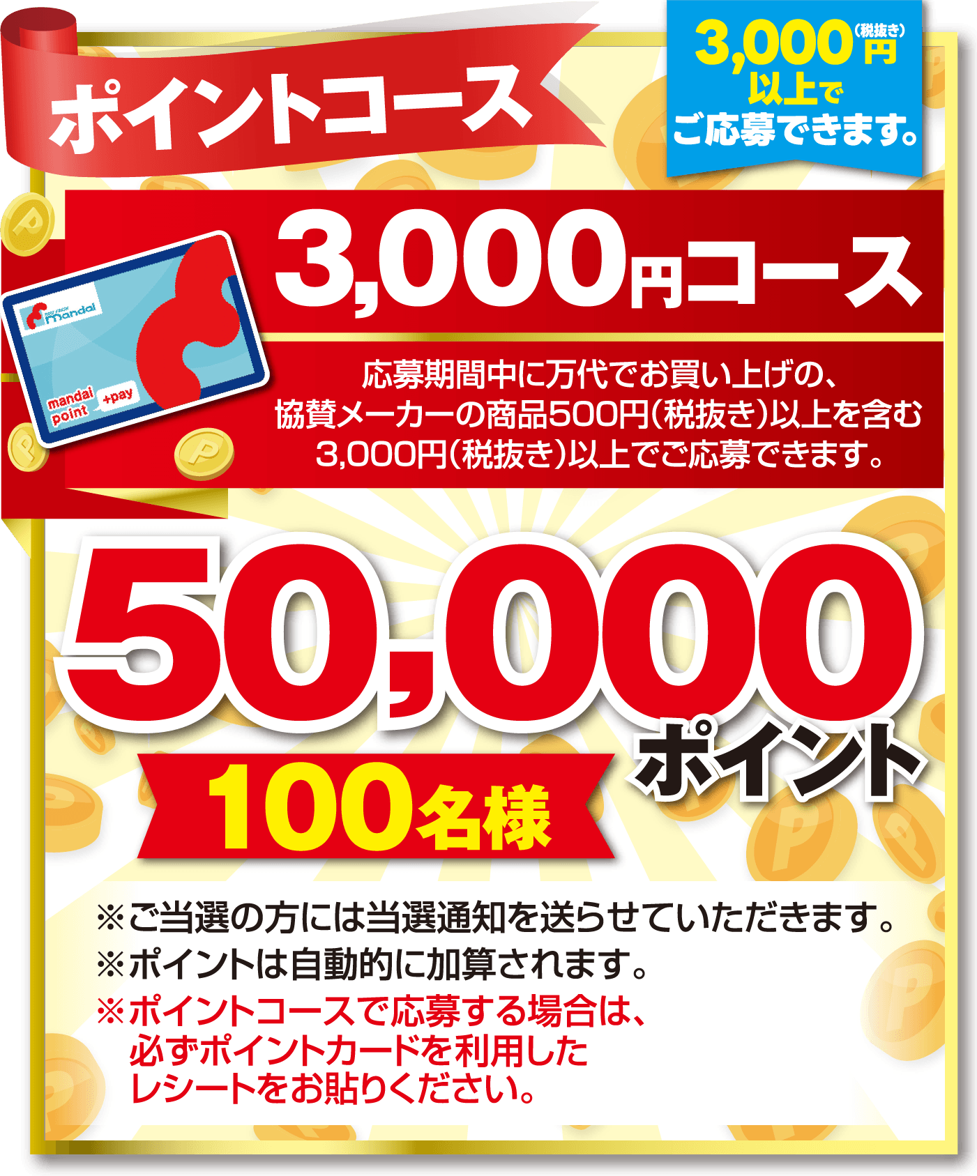ポイントコース 3,000円コース 応募期間中に万代でお買い上げの、協賛メーカーの商品500円（税抜き）以上を含む3,000円（税抜き）以上でご応募できます。【3,000円（税抜き）以上でご応募できます。】 ※ご当選の方には当選通知を送らせていただきます。 ※ポイントは自動的に加算されます。 ※ポイントコースで応募する場合は、必ずポイントカードを利用したレシートをお貼りください。【50,000ポイント】【100名様】