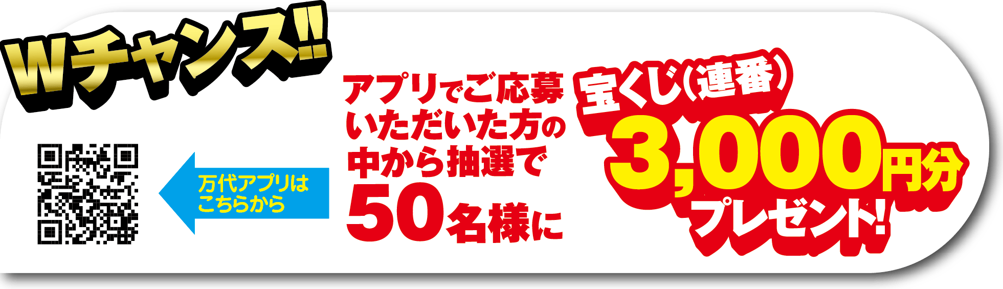 Wチャンス!! アプリでご応募いただいた方の中から抽選で50名様に 宝くじ（連番）3,000円分プレゼント!