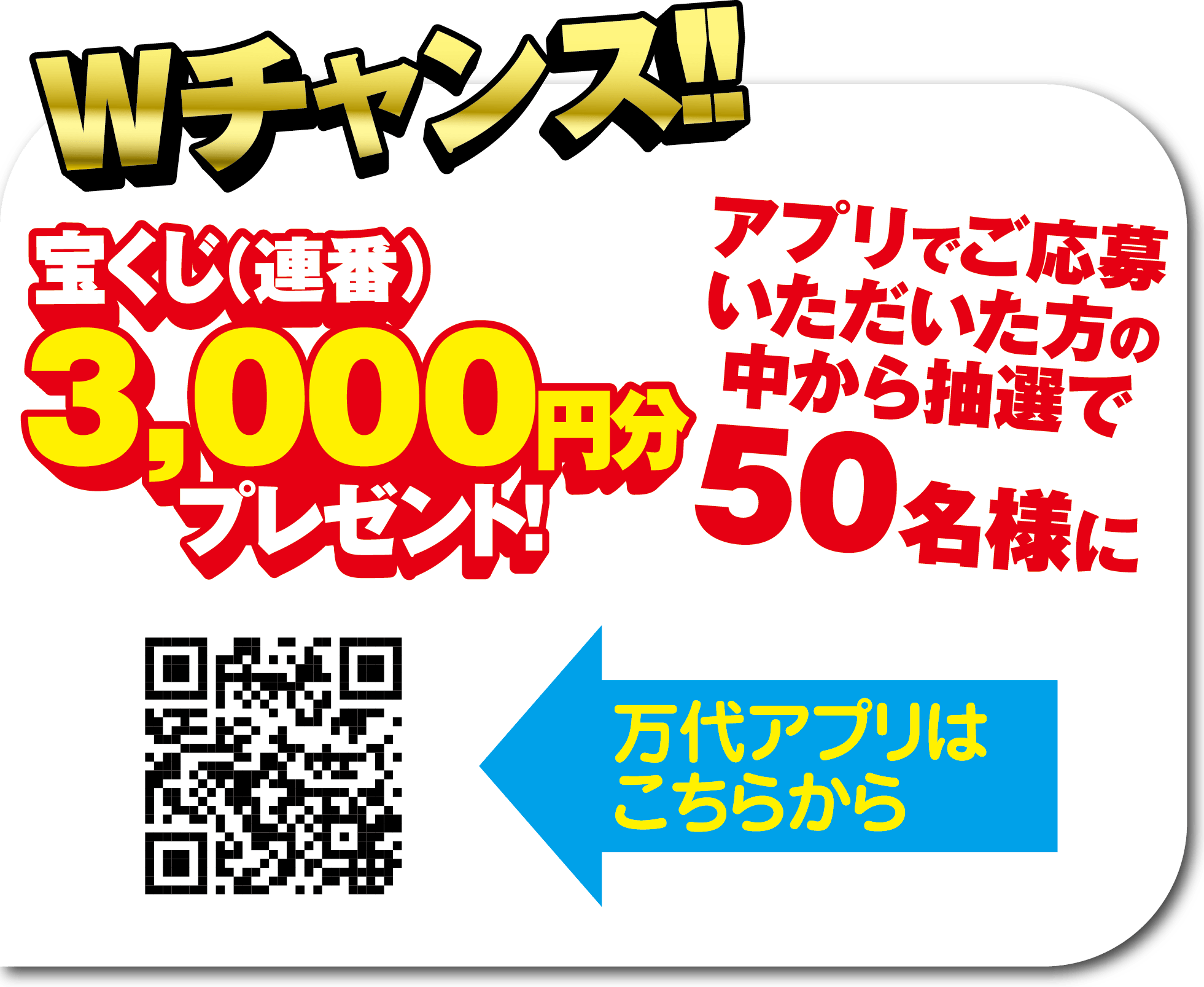 Wチャンス!! アプリでご応募いただいた方の中から抽選で50名様に 宝くじ（連番）3,000円分プレゼント!